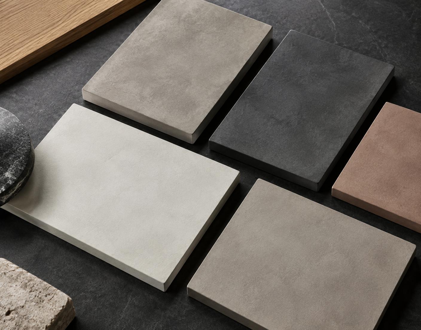 Conceptual arrangement of mineral finish samples in varied colours and textures