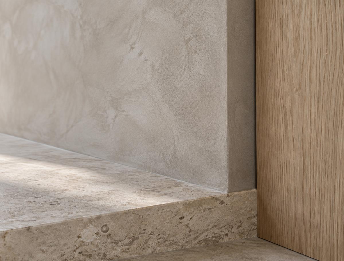 Conceptual study of microcement texture alongside limestone and oak