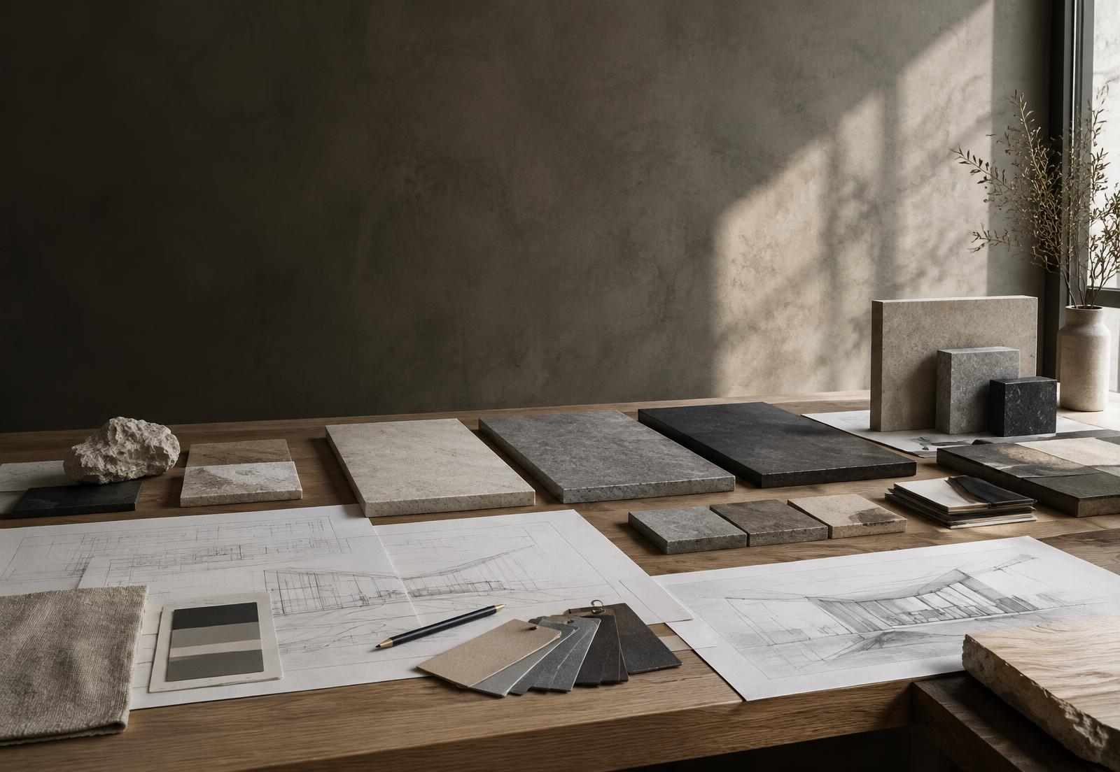 Conceptual architectural studio with material samples and drawings