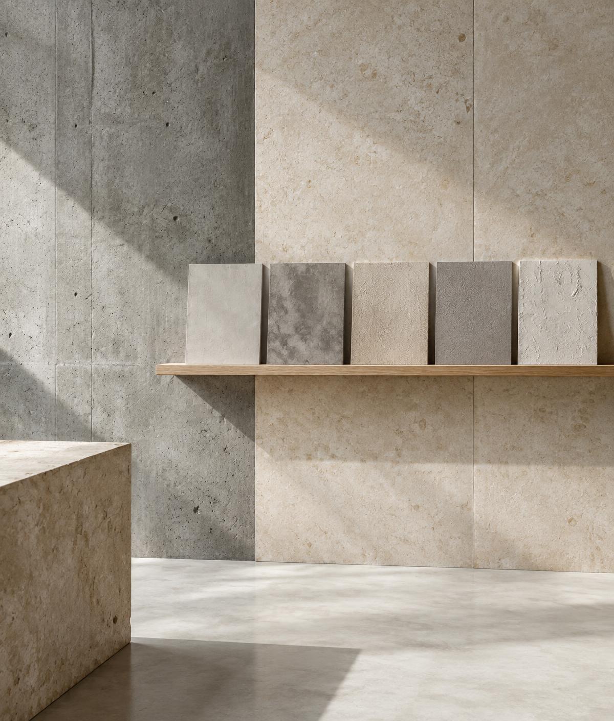 Conceptual architectural material study displaying varied mineral finish samples